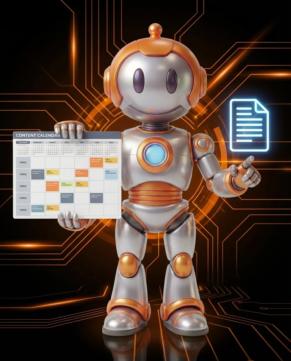 Robot zeigt auf verschiedene Content-Formate die aus einem Artikel entstehen