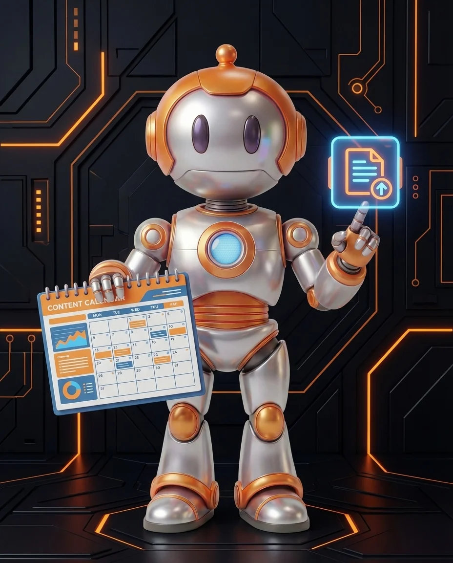 Robot hält Megaphon und zeigt auf verschiedene Verbreitungskanäle für Content