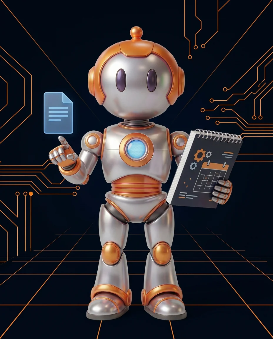 Robot zeigt auf fehlende Themen in einer Content-Strategie Übersicht