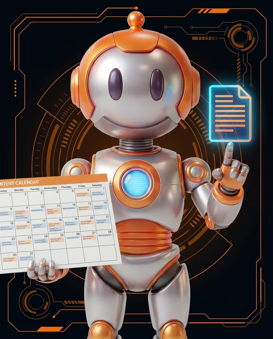 Robot zeigt auf eine Content-Matrix Tabelle mit Buyer Journey Phasen