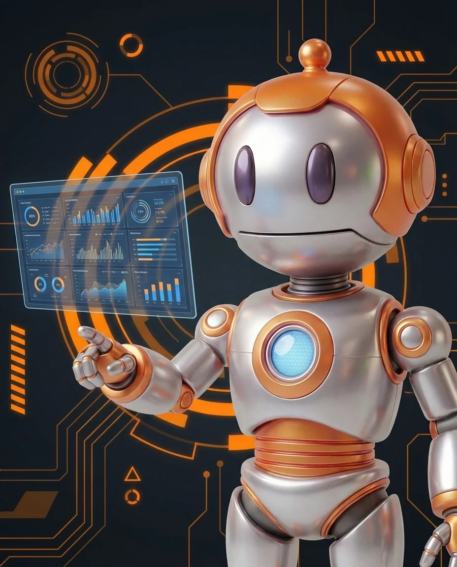 Robot hält ein leuchtendes Datei-Stack-Symbol mit Textblöcken verschiedener Größe