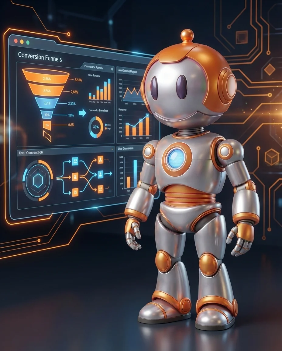 Robot analysiert Conversion-Trichter und Nutzerpfade im Website-Audit