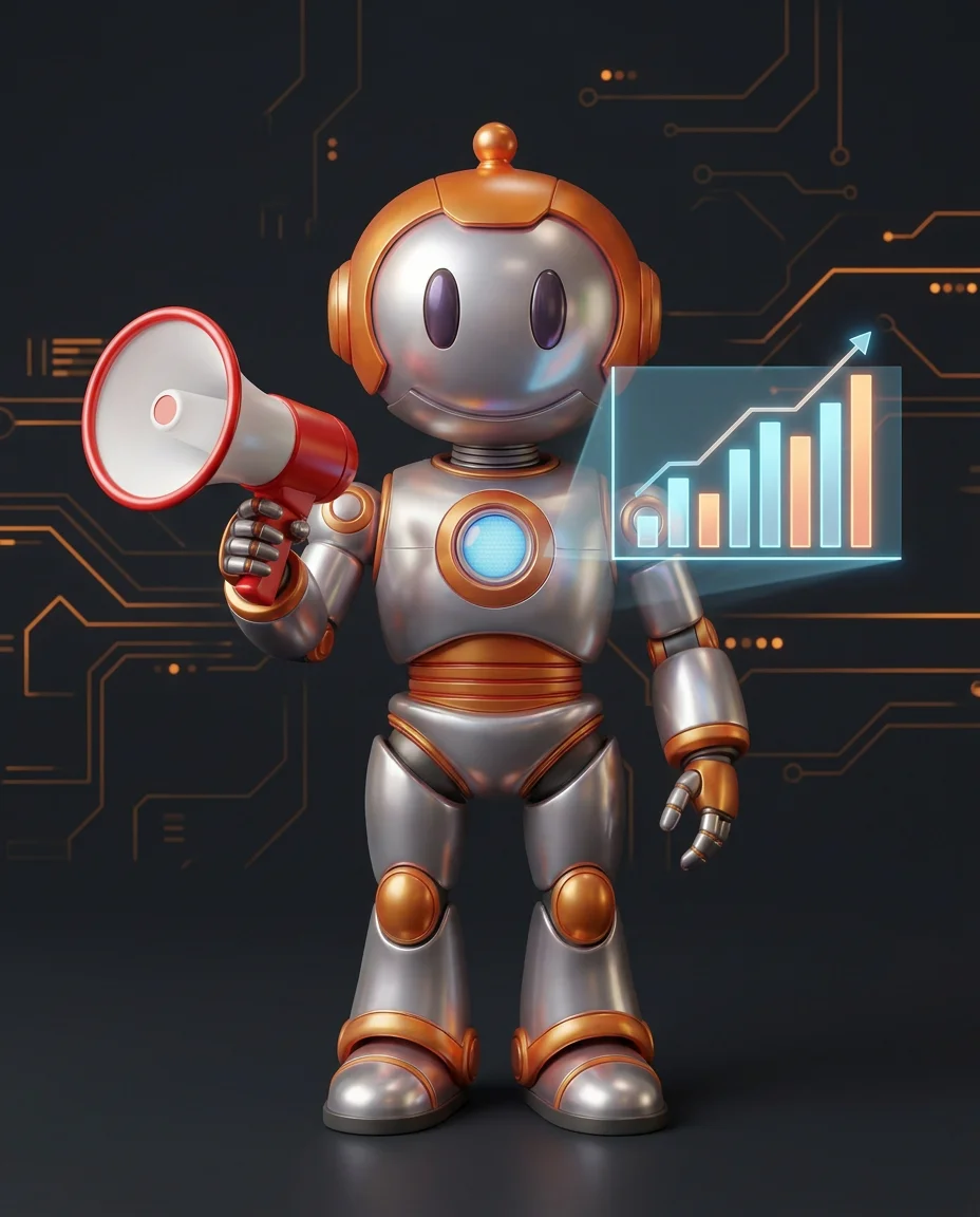 Robot zeigt auf ein Balkendiagramm mit CPA-Werten verschiedener Marketing-Kampagnen