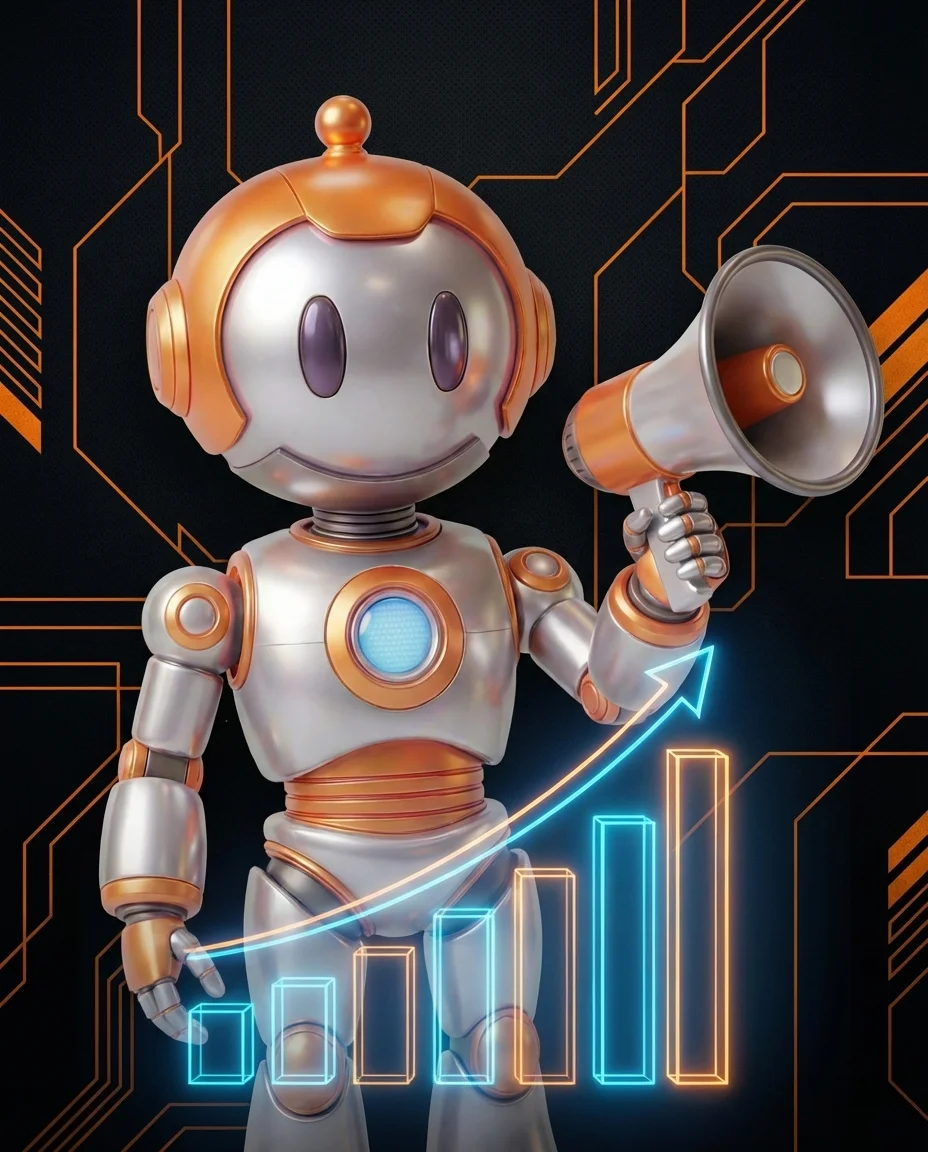 Robot zeigt auf ein Kreisdiagramm mit CPM Kostenstruktur einer Werbekampagne