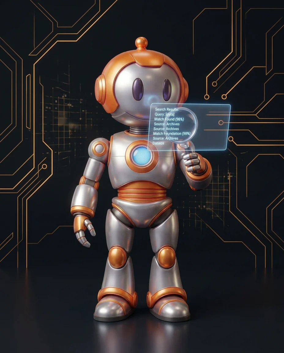 Robot zeigt auf Diagramm mit Crawl-Frequenz und indexierten Seiten einer Website