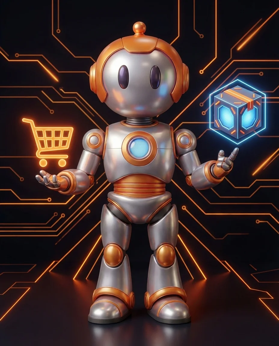 Robot hält zwei Produktboxen die zusammen als Set angeboten werden