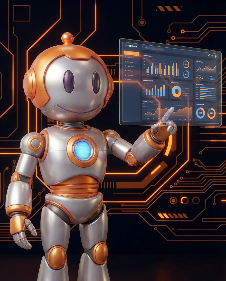 Robot steht ratlos vor einem leeren Bildschirm mit 404-Fehlercode