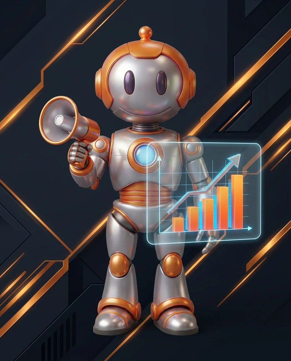 Robot zeigt auf ein Diagramm mit Customer Acquisition Cost Berechnung