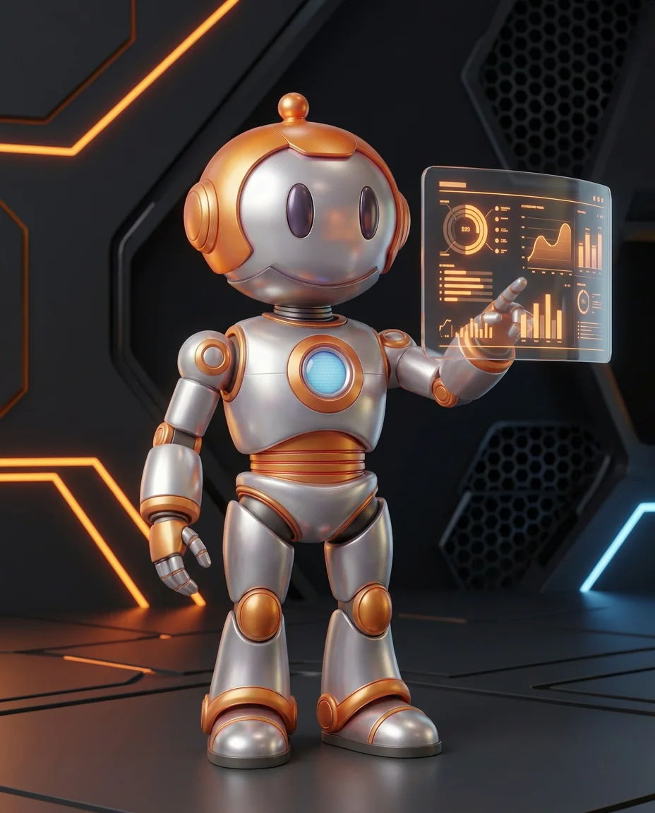 Robot zeigt auf Pfad-Diagramm mit verschiedenen Touchpoints von Erstkontakt bis Kauf