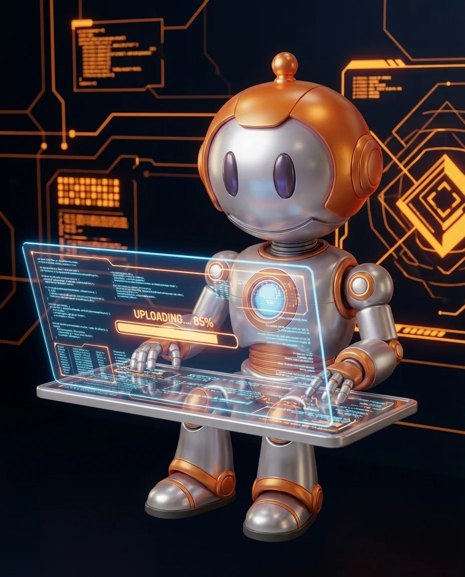 Robot tippt auf Tastatur mit zwei Datenbankzylindern und Pfeil als Migrations-Darstellung