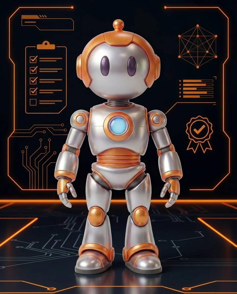 Robot prüft Datenbank-Einträge mit Lupe für Datenqualitäts-Analyse