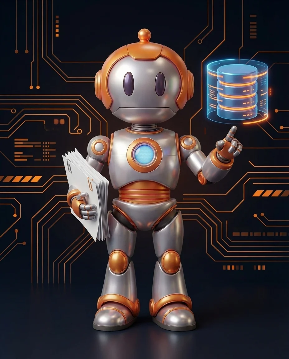 Robot hält Datenbankserver mit zwei Säulen als Debitor- und Kreditor-Darstellung