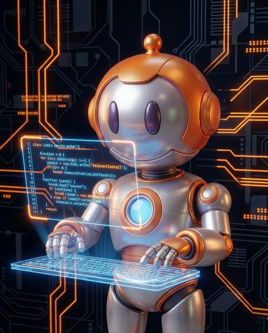 Robot zeigt mit rechter Hand auf schwebenden Server, linke Hand hält Laptop