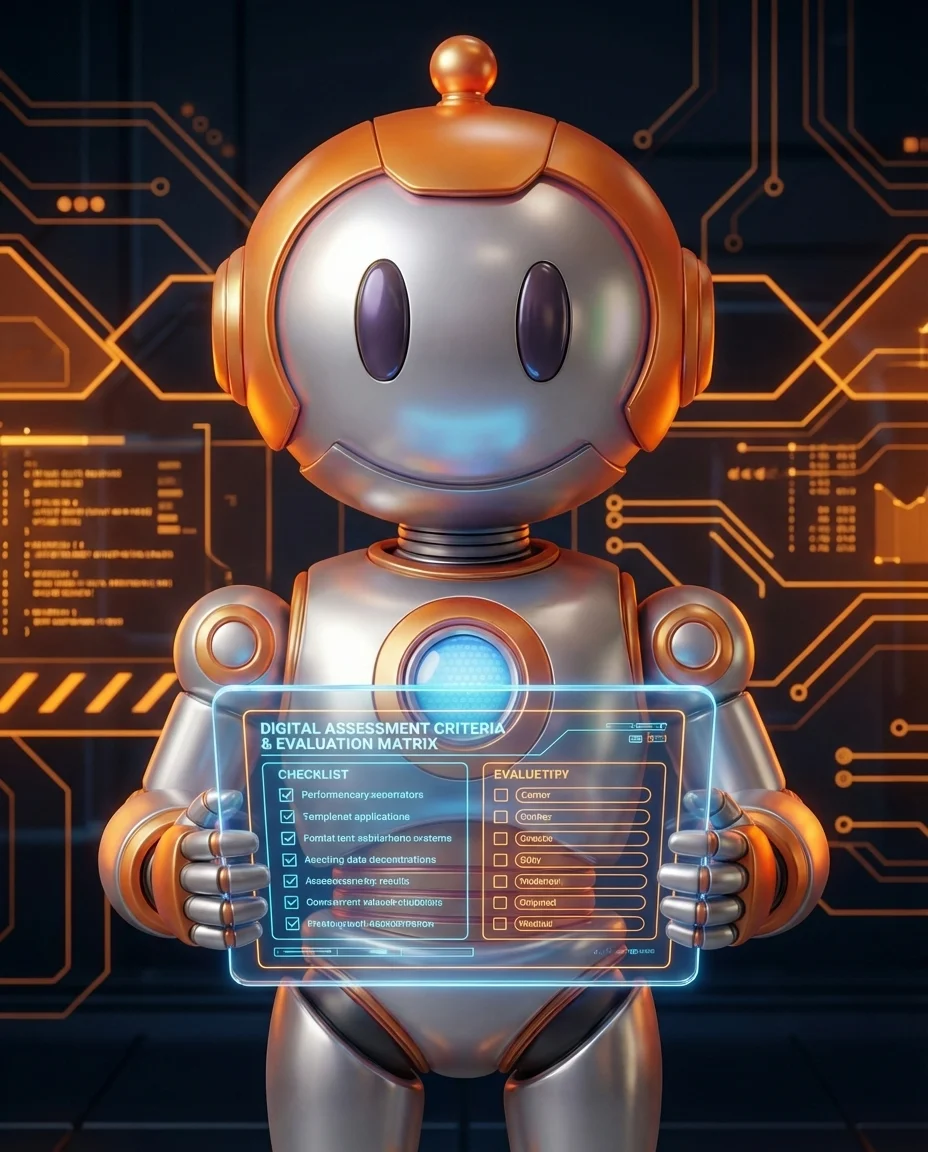 Robot analysiert digitalen Reifegrad mit Checkliste für Digital-Assessment