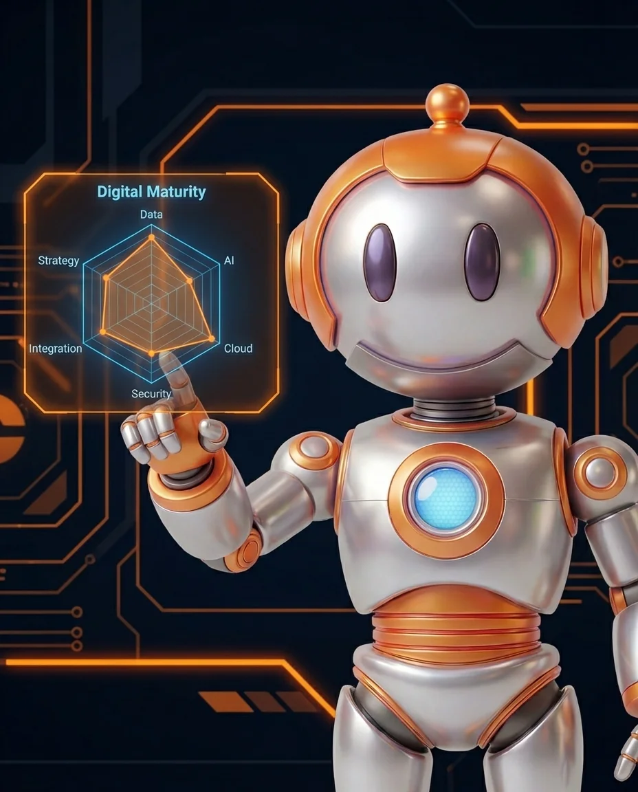 Roboter führt Digital-Check mit Analyse-Tools für Unternehmen durch