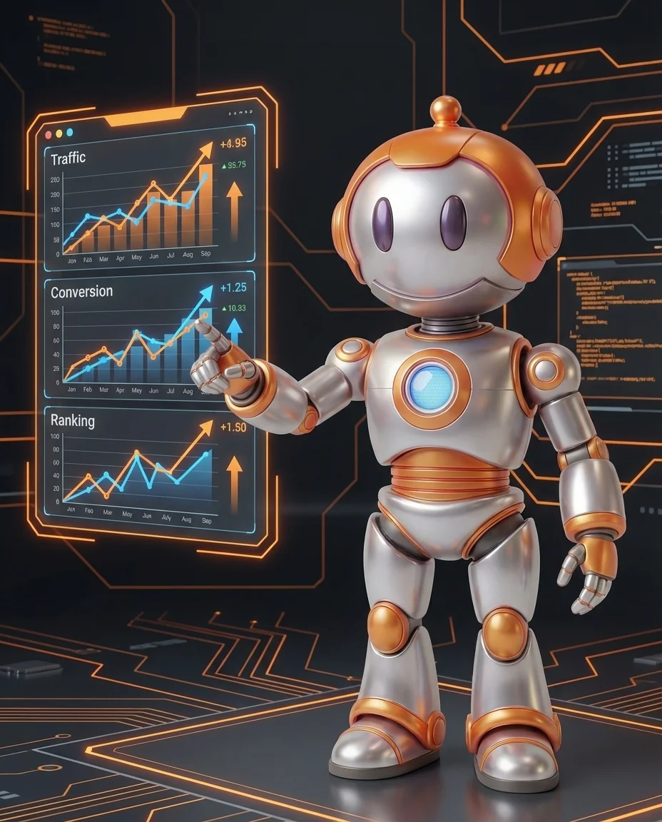 Roboter analysiert KPI-Dashboard zur Erfolgsmessung digitaler Betreuung