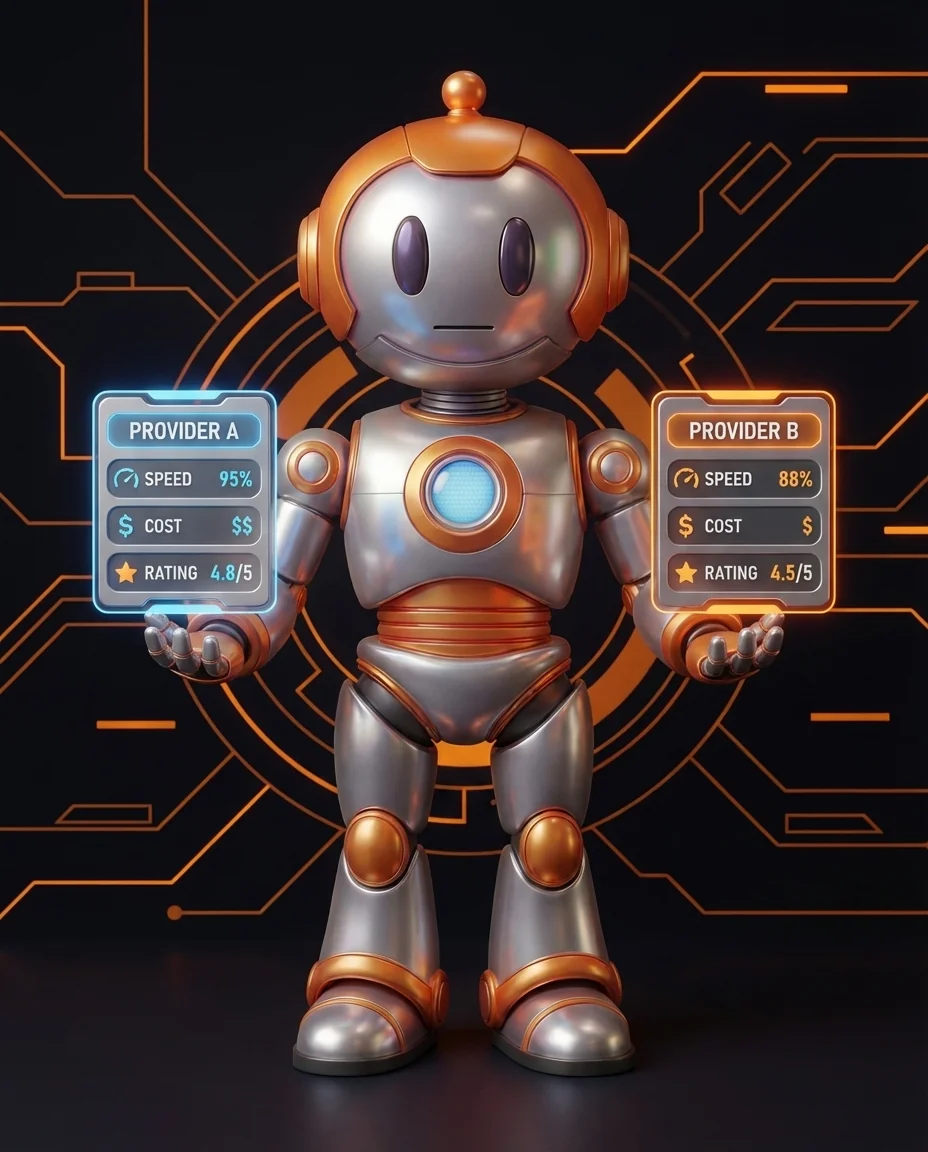 Roboter vergleicht digitale Dienstleister für Mittelstand auf großem Bildschirm