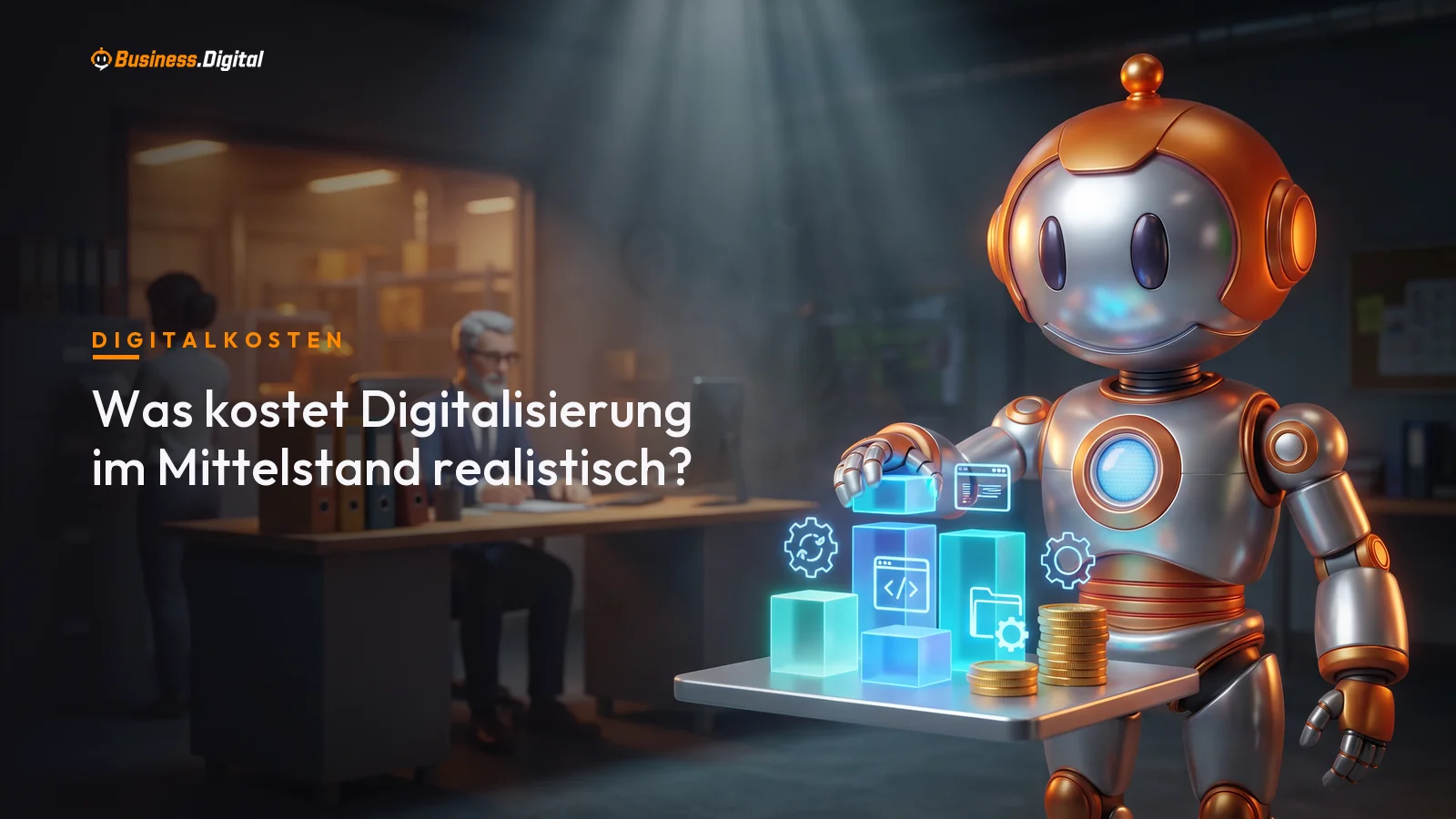Roboter stapelt Hologramm-Bausteine für Prozess, Schnittstelle und Software: Kosten der Digitalisierung