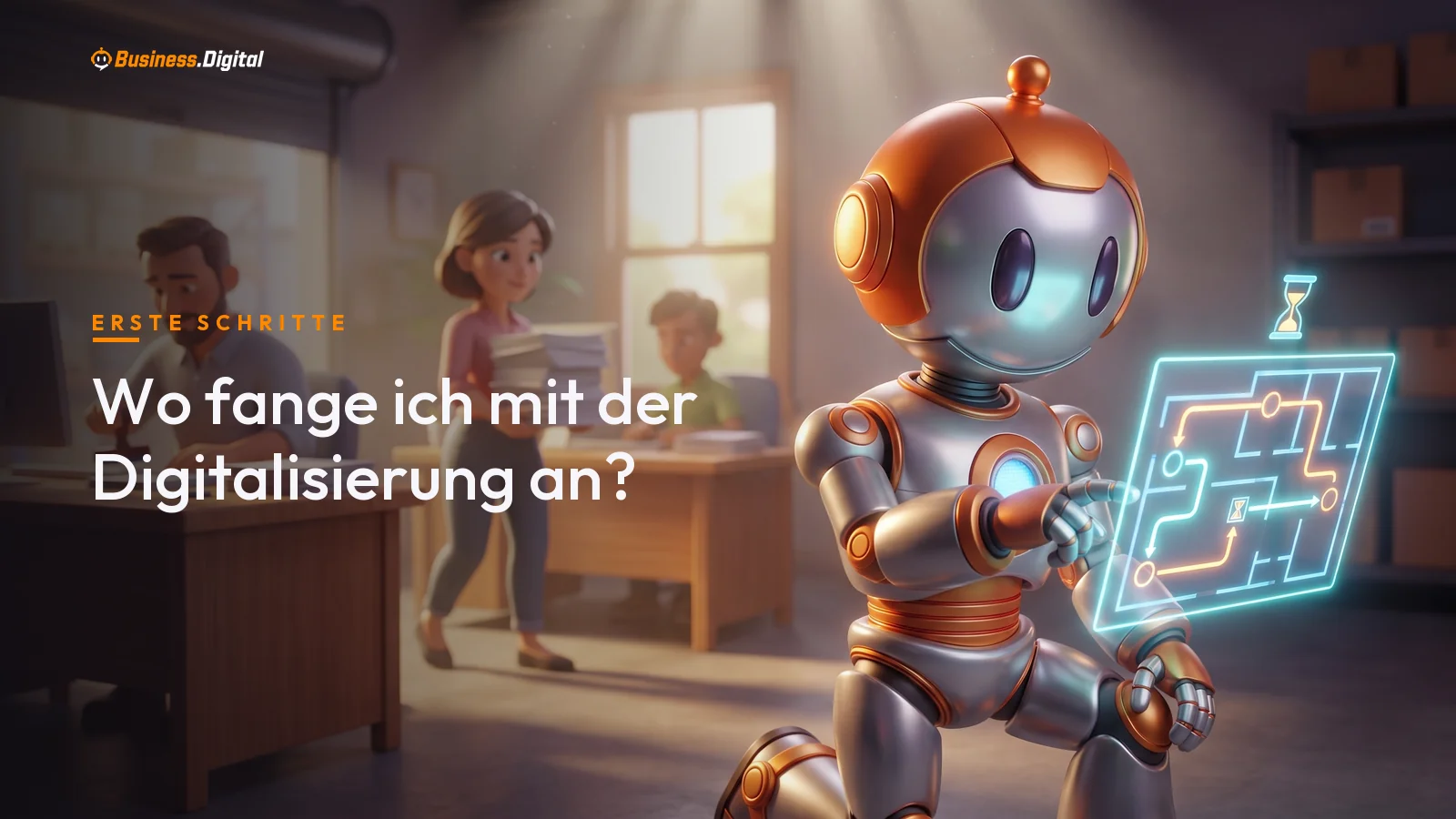 Roboter markiert den zeitintensivsten Prozess auf einem Hologramm-Grundriss: Digitalisierung starten
