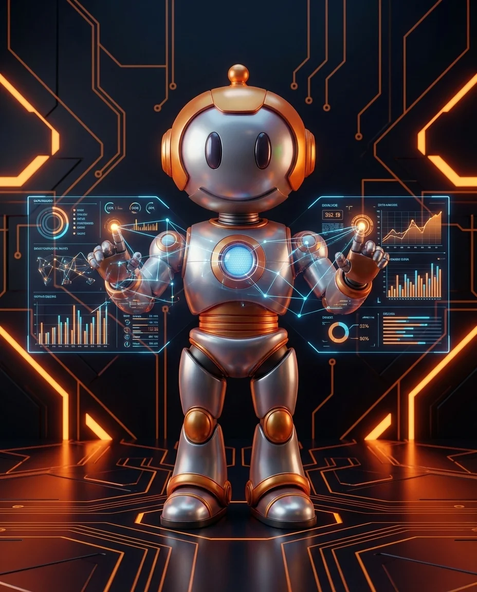 Robot analysiert Daten auf Dashboard in der Discovery-Phase eines Projekts