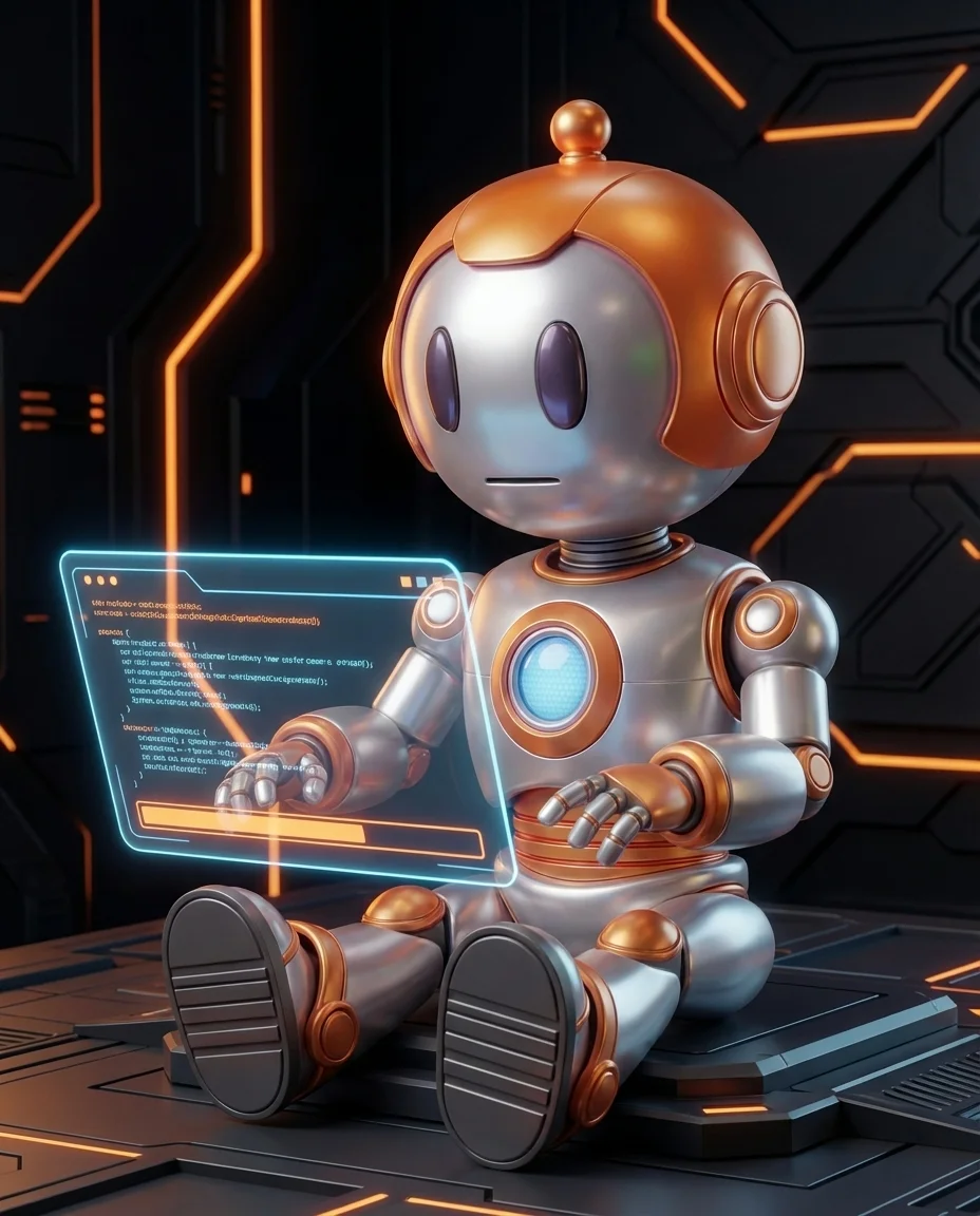 Robot tippt auf Tastatur mit gestapelten Containerwürfeln als Docker-Symbol