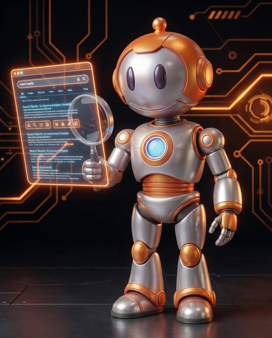 Robot zeigt auf grünen Pfeil der Autorität von einer starken Seite zur verlinkten Seite überträgt