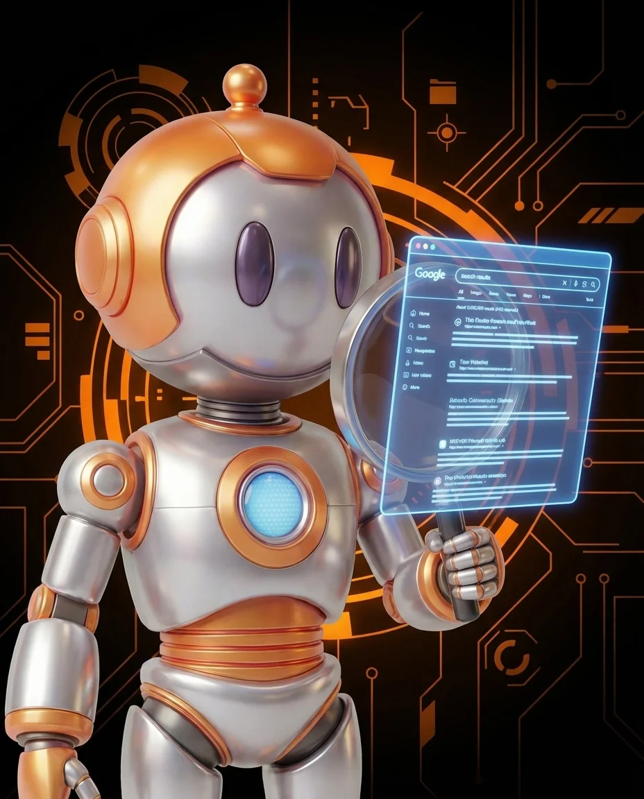 Robot zeigt auf Balken-Diagramm mit Domain-Stärke-Bewertung auf Skala 0-100