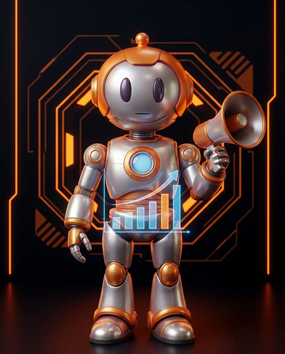 Robot hält Briefumschläge einer automatisierten E-Mail-Sequenz