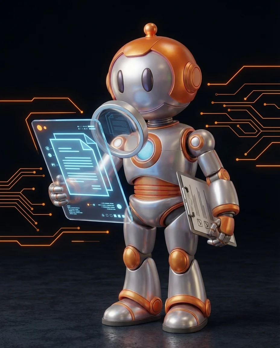 Robot prüft digitale Unterlagen mit Lupe für Due-Diligence-Analyse