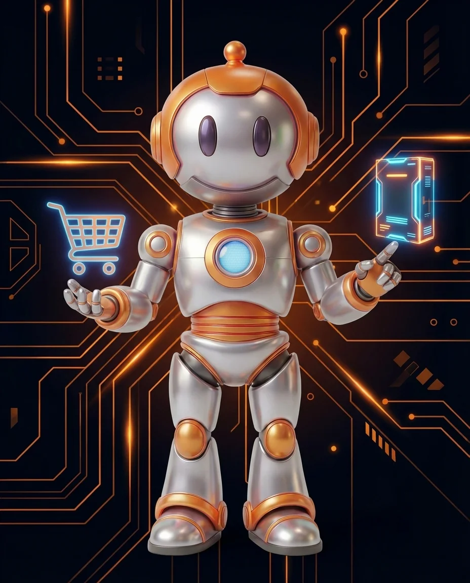 Robot hält Werbeschild mit personalisierten Produktkacheln für verschiedene Nutzer