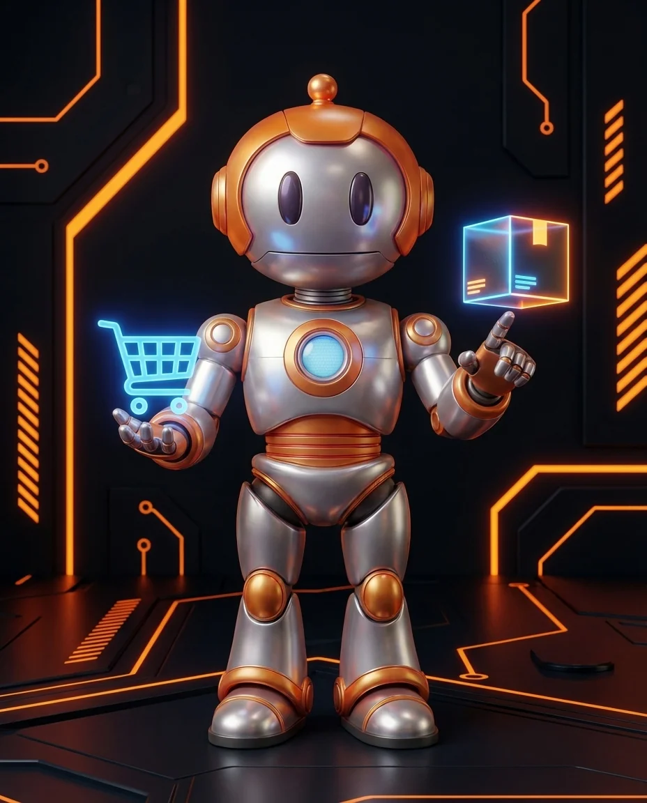 Robot hält Produktbox mit Barcode und international lesbarer Artikelnummer