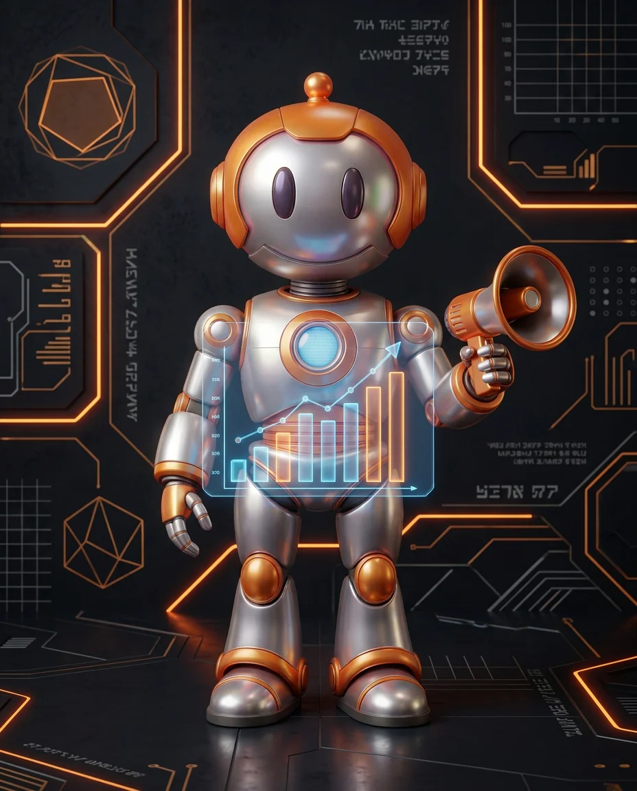 Robot hält Megaphon neben Presseartikeln als Symbol für Earned Media