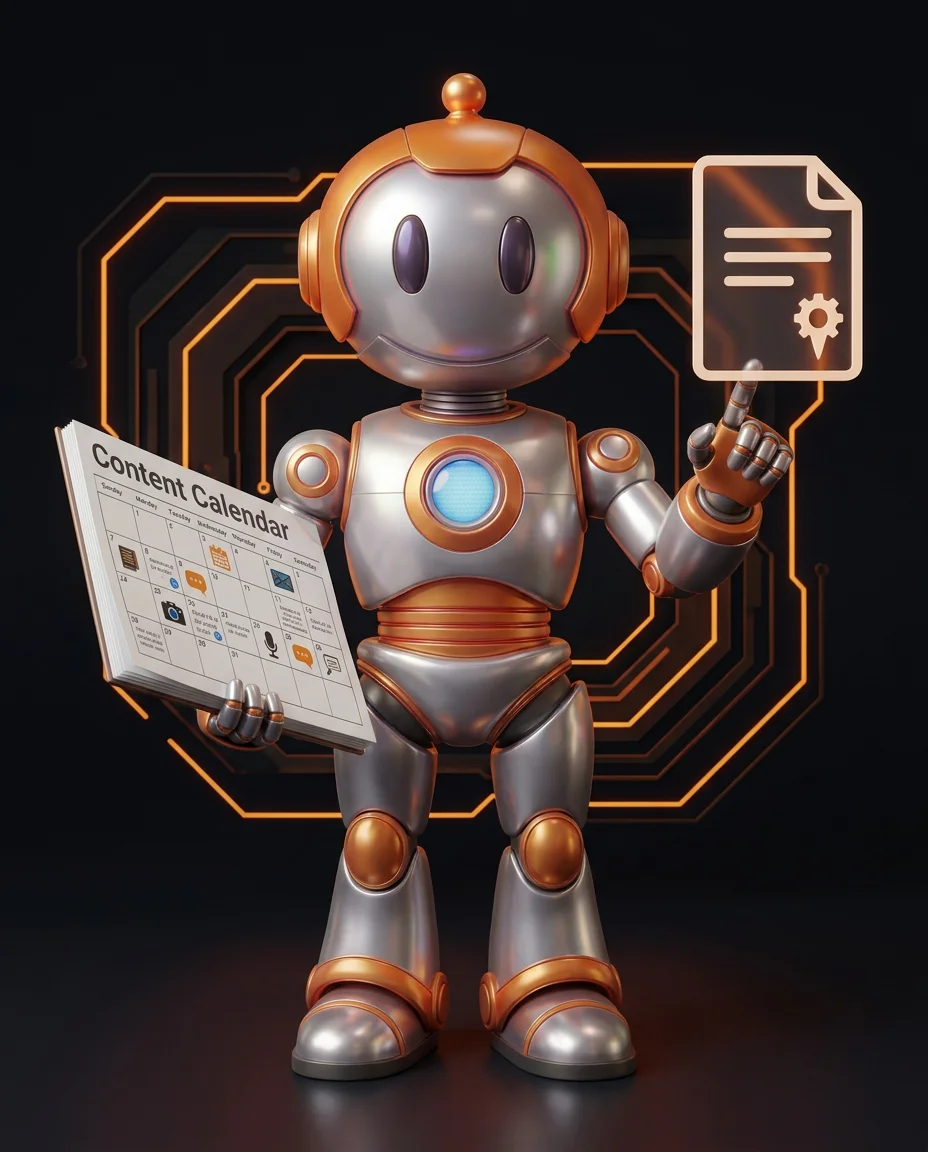 Robot zeigt auf Editorial Calendar mit saisonalen Themen und Kampagnenplänen