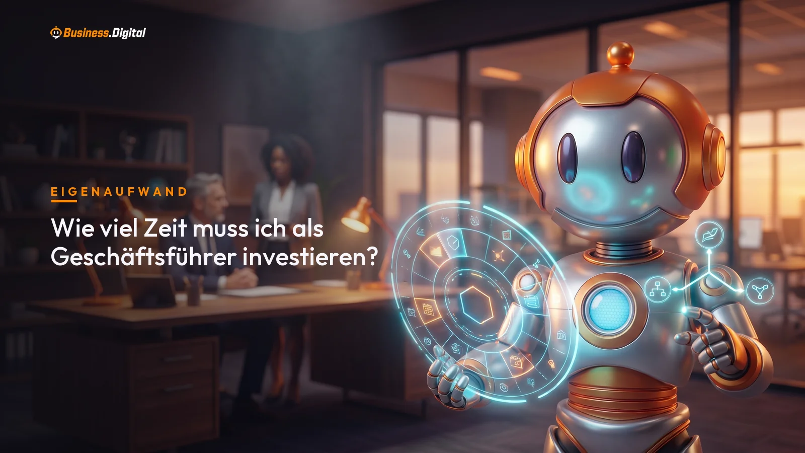 Roboter zeigt Kalender mit wenigen Slots und Entscheidungspunkt: Zeitaufwand der Geschäftsführung