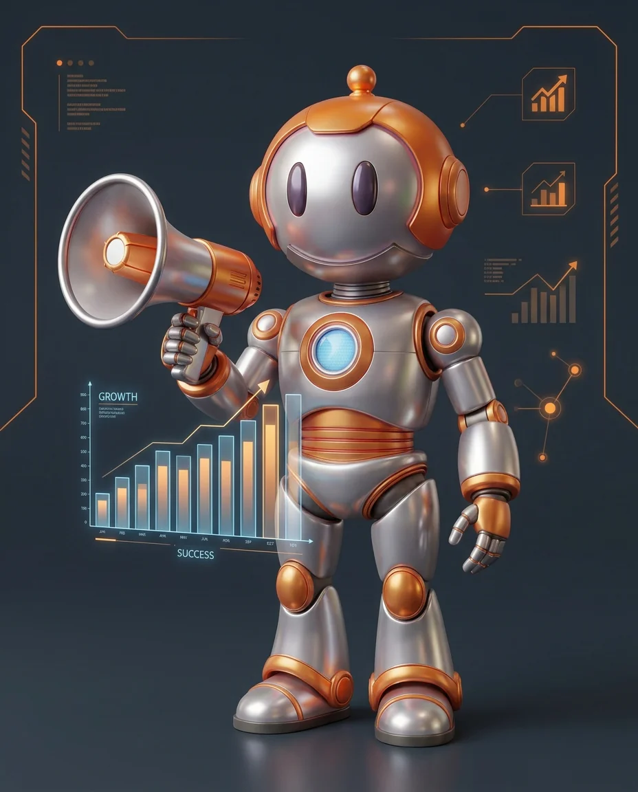 Robot hält Megaphon mit aufsteigenden Balken als Engagement-Diagramm