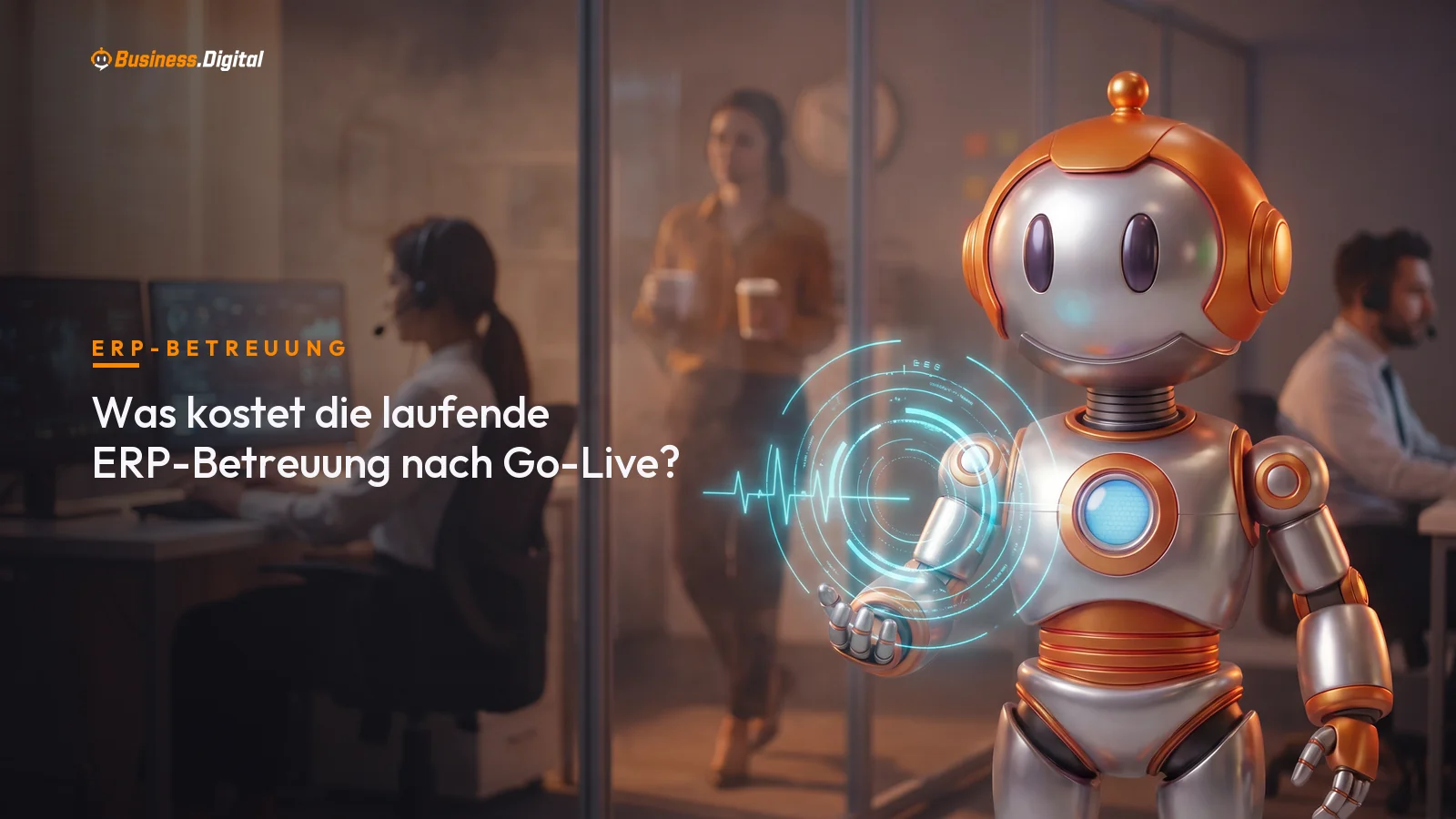 Roboter wartet ein laufendes ERP-Hologramm mit Support-Symbolen: Kosten der ERP-Betreuung