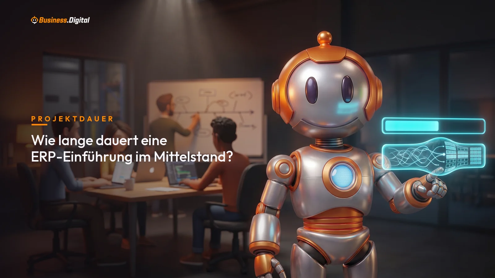 Roboter zeigt zwei Hologramm-Zeitleisten und Datenbereinigung: Dauer einer ERP-Einführung