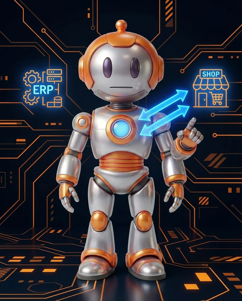 Roboter zeigt ERP-Shop Schnittstellen mit Datenleitungen zwischen Systemen