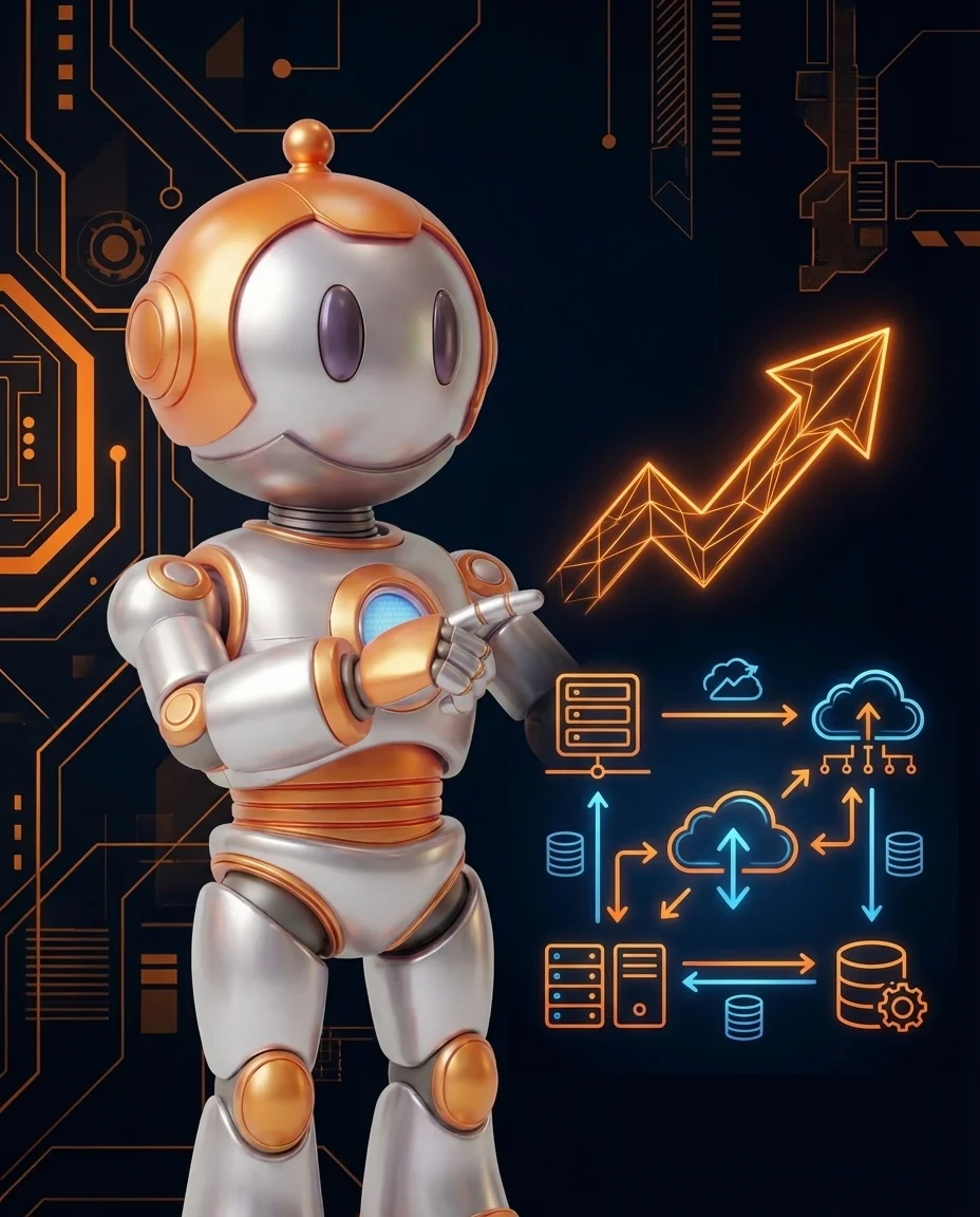 Roboter wechselt ERP-System mit Wachstum-Pfeil und neuem System