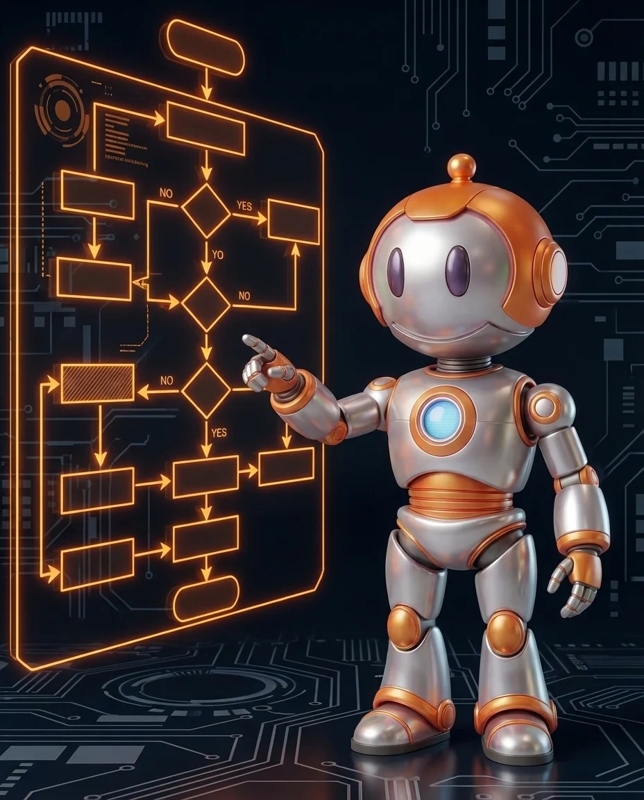 Robot zeigt auf Eskalations-Diagramm für kritische Projektsituationen