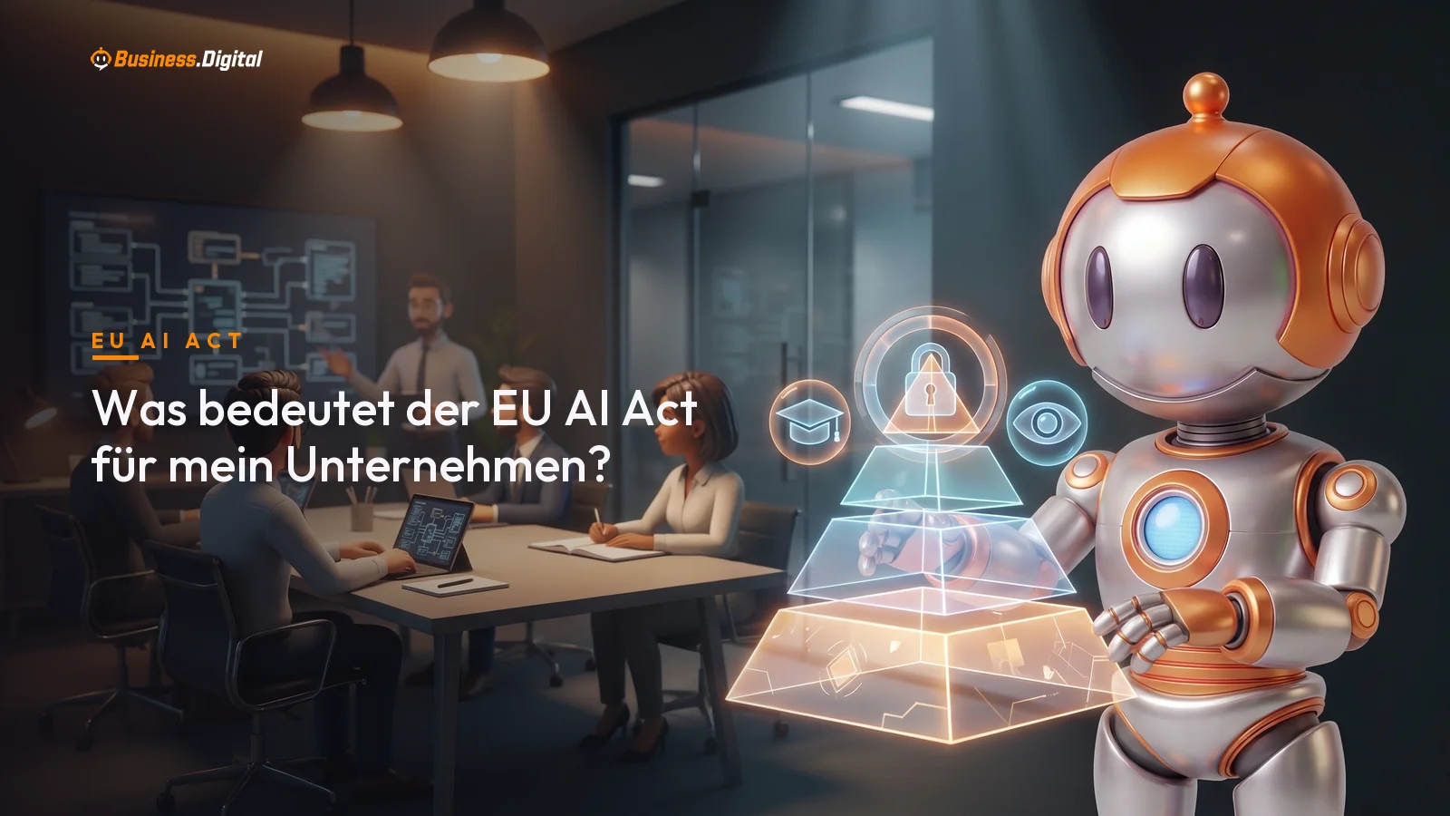 Roboter an Hologramm-Risikopyramide mit Schulungssymbol: Pflichten aus dem EU AI Act