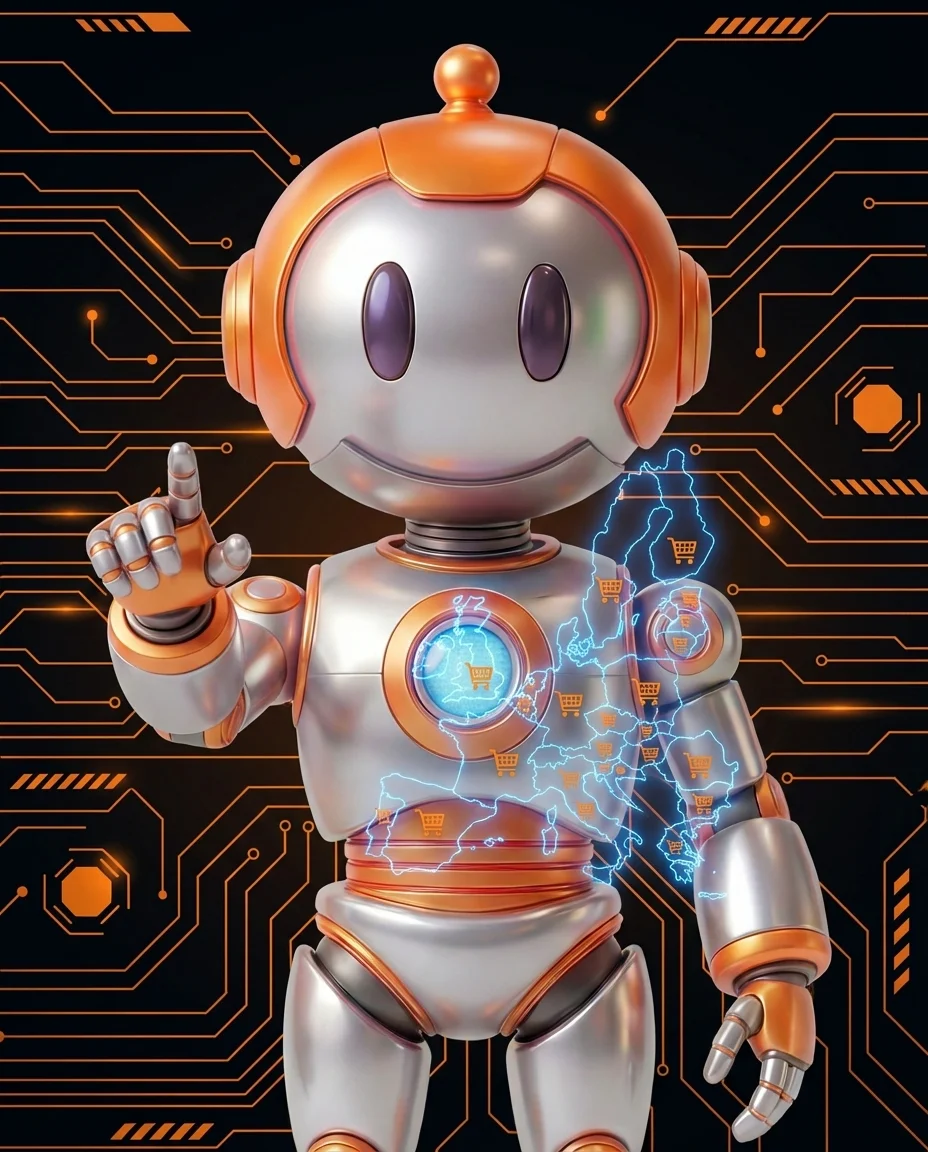 Roboter zeigt auf EU-Karte mit verschiedenen Länder-Flaggen für internationalen Shop