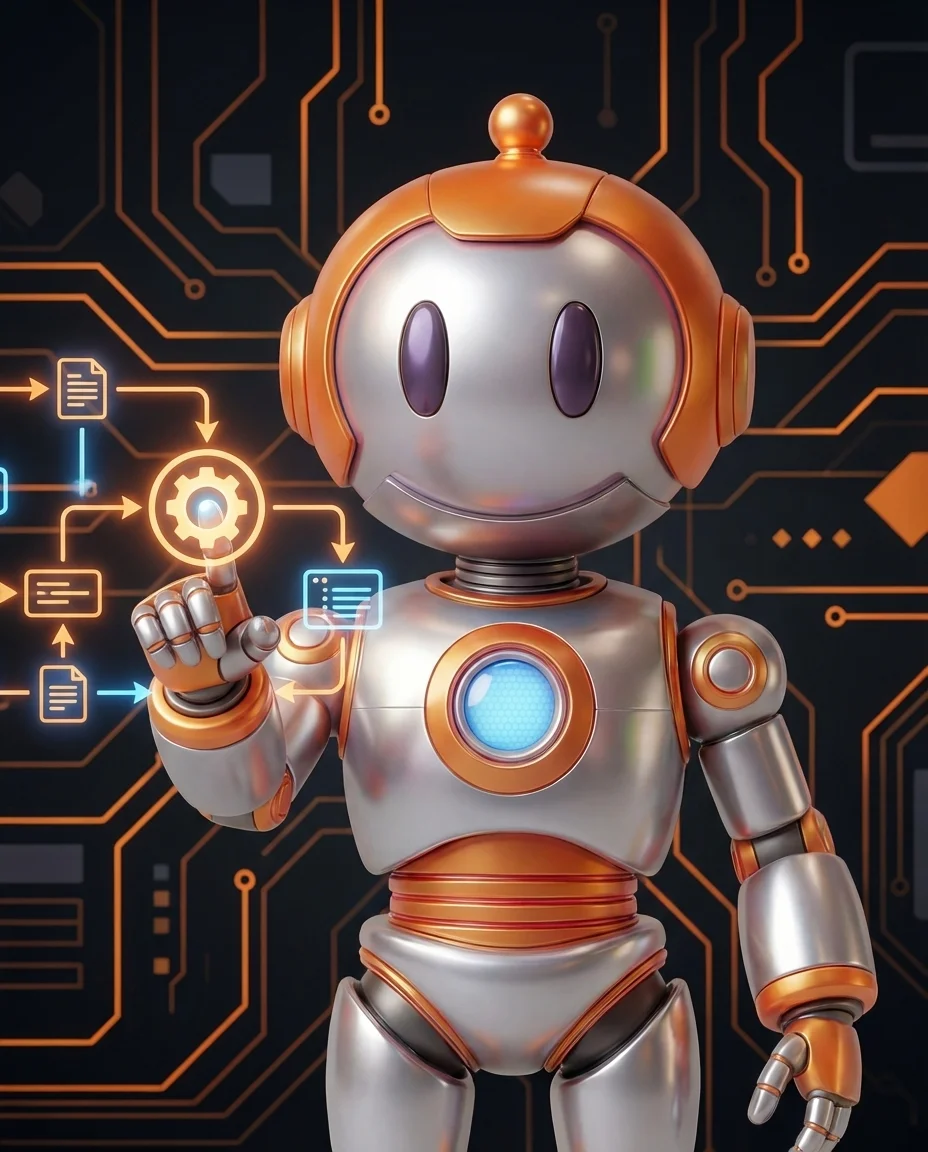 Robot hält leuchtendes Backup-Symbol mit Wechselanzeige zwischen zwei Modellen