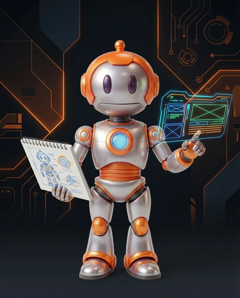 Robot hält Farbpalette und zeigt auf kleines Browser-Tab-Symbol