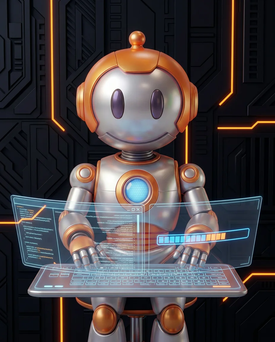 Robot tippt auf Tastatur mit Ein-Aus-Schalter und Nutzergruppen als Feature-Flag-Darstellung