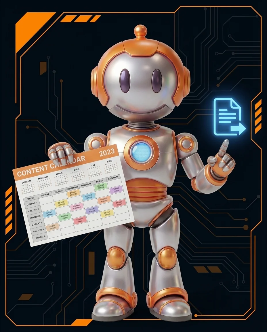 Robot zeigt auf ein Featured Image in einer Blog-Übersicht