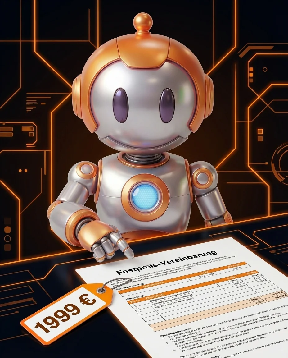 Robot zeigt auf Planungsdokument mit Festpreis-Vereinbarung für Projekte