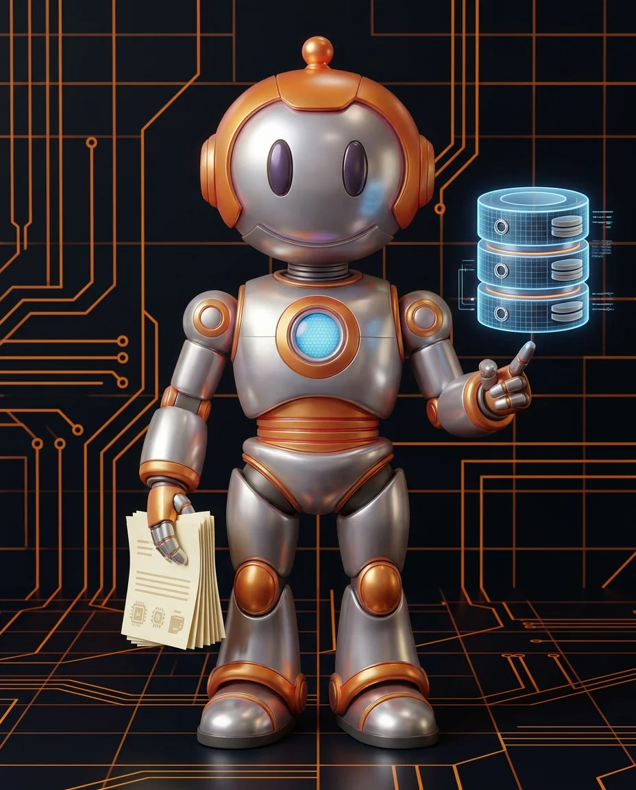 Robot hält Stapel Dokumente mit Pfeilen, die von alt nach neu zeigen als FIFO-Darstellung