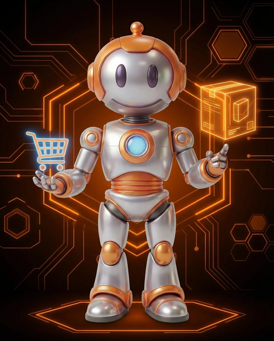 Robot hält Preisschild für Flash Sale Aktion im Onlineshop