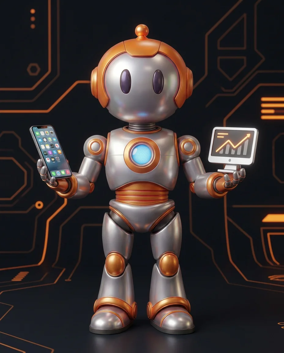 Robot zeigt auf sich flexibel anpassendes Spalten-Raster auf verschiedenen Bildschirmgrößen